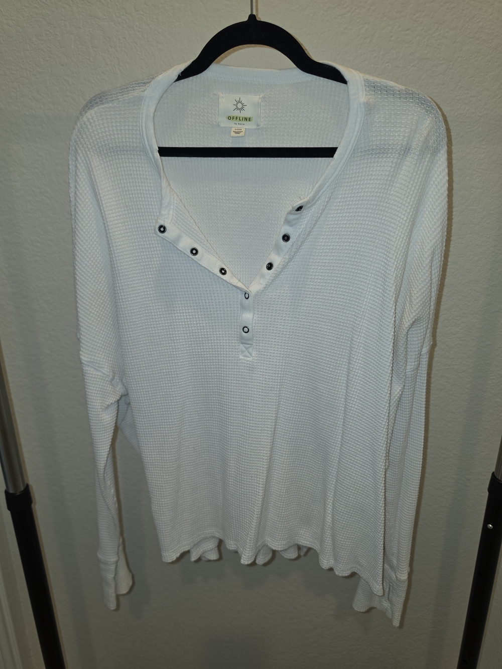 White Waffle-Knit Henley Long Sleeve Top